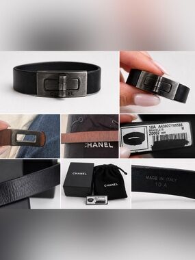 Chanel Black Leather Turn-Lock Bracelet with Box, Pouch & Tag